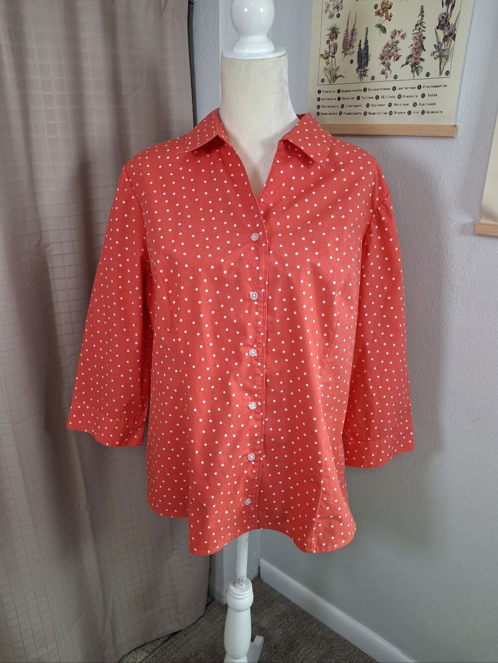Christopher & Banks Red 3/4 Sleeve Button Up Shirt White Polka Dots Size XL